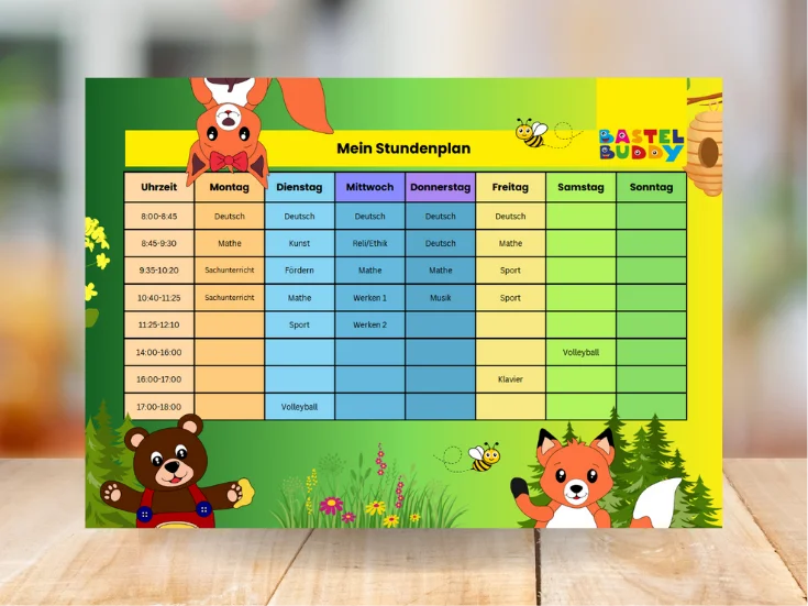 Detailansicht des ausgefüllten Stundenplans Tiere des Waldes mit Bär, Fuchs und Eichhörnchen