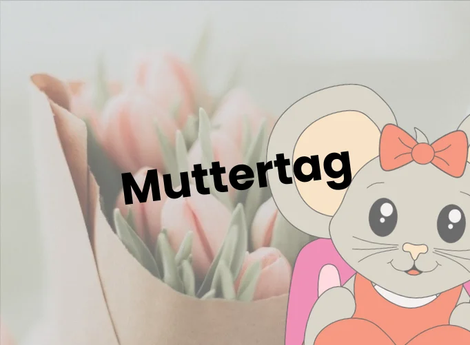 Die Kachel Muttertag mit Mäuschen mit Herz führt zum Sortiment Muttertagsbasteln von BASTELBUDDY