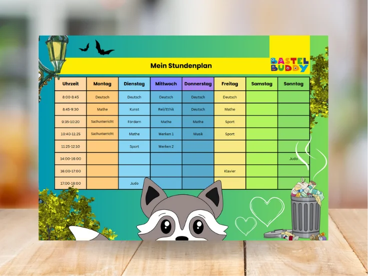 Detailansicht des ausgefüllten Stundenplans Waschbär - Paulchen Waschbär auf Streifzug mit Mülltonne und Fledermäusen