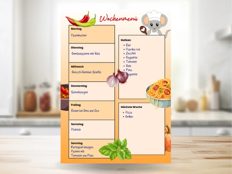 Detailansicht des ausgefüllten Essensplans Maus mit Mäuschen Pepper